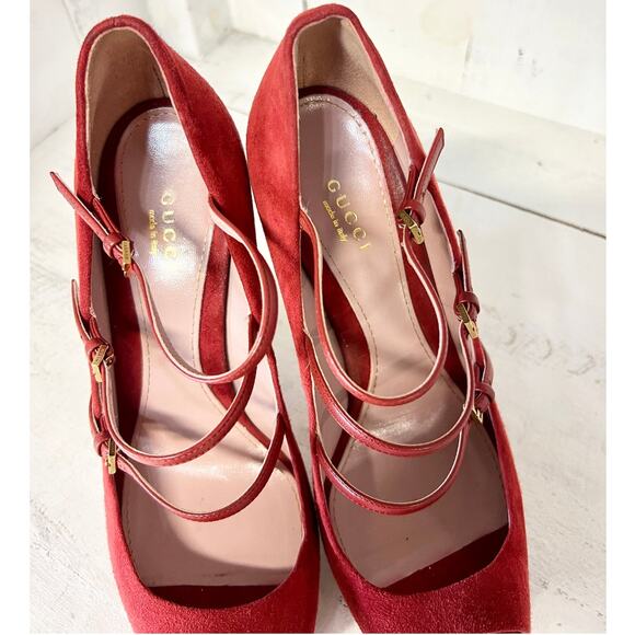 Gucci Lisbeth Suede Strappy Peep Toe Stilettos Heel Pumps Rose Bed Women's 38.5 - Picture 6 of 11